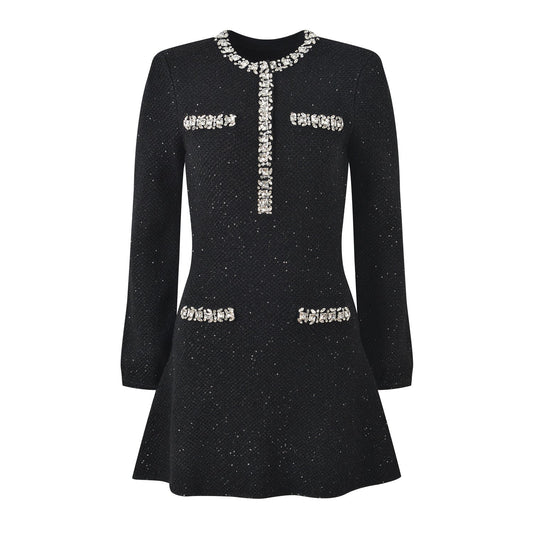 Black Sparkle A-line Structured Silhouette Dress with Crystal Details