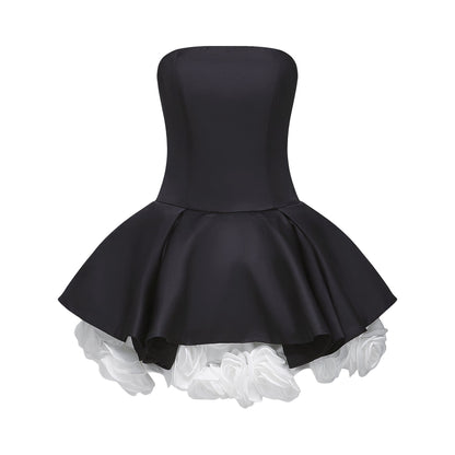 Black strapless corset mini dress with floral petal details named Lucie