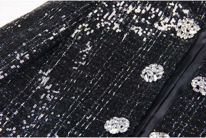 Black structured tailored jacket with silver detailing tweed sequins embellished jeweled buttons