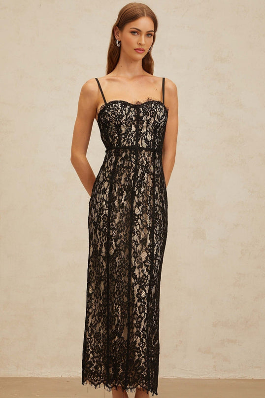 Black Sweetheart Neckline Sleeveless Lace Maxi Dress