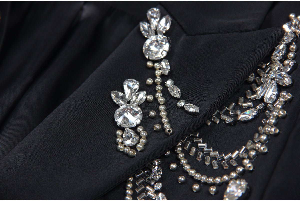 Black tailored blazer with crystal embellishments and silver accents