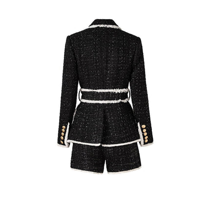 Black tailored blazer with shorts double-breasted belted waist structured fitted silhouette chic sophisticated look tweed fabric texture gold-tone buttons trim semi-formal events modern twist classic styles