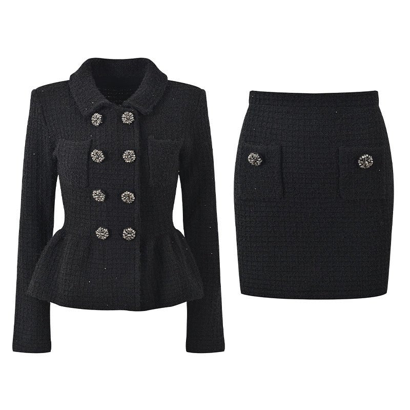 Black tailored peplum jacket and skirt ensemble with decorative buttons on pockets