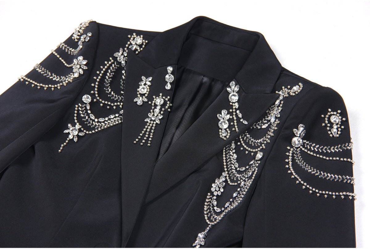 Black tailored silhouette blazer with crystal embellishments and silver accents