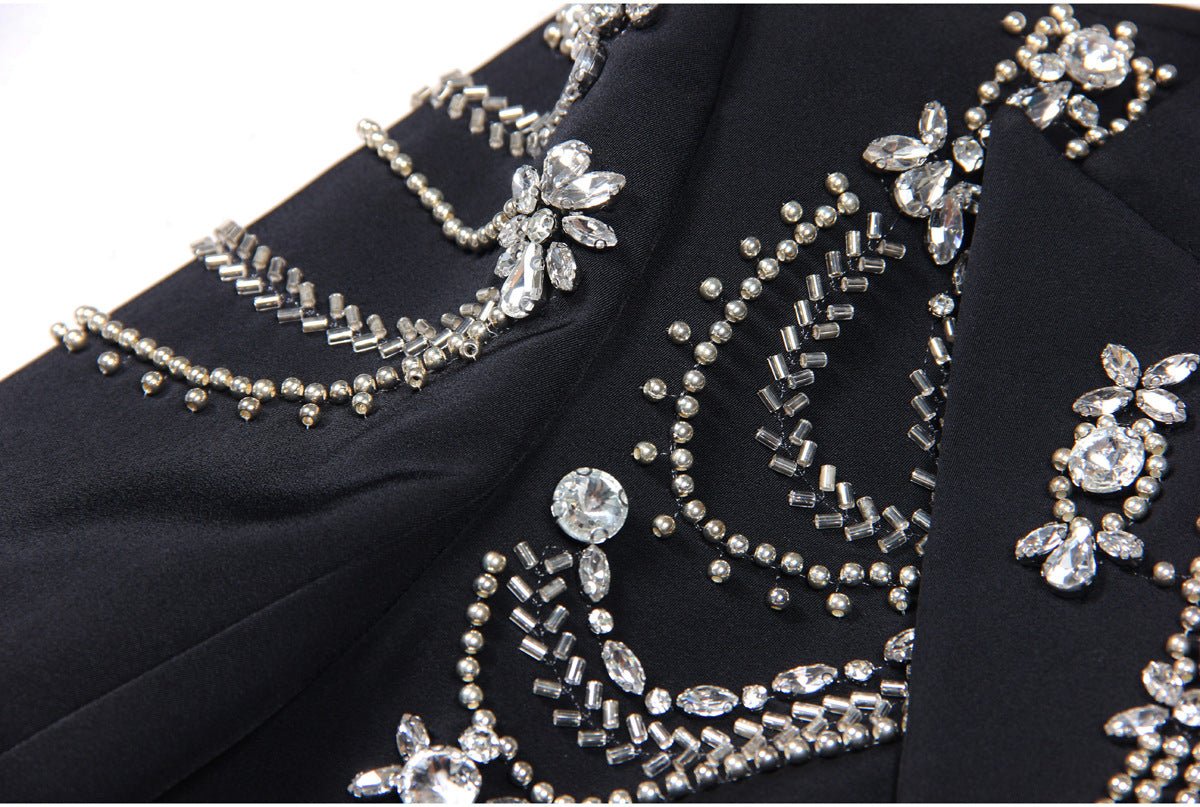 Black tailored silhouette blazer with crystal embellishments and silver accents
