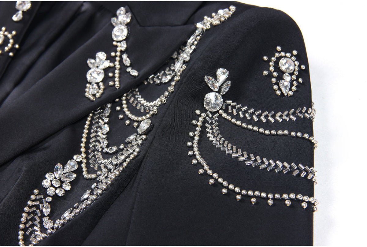 Black tailored silhouette blazer with crystal embellishments and silver accents