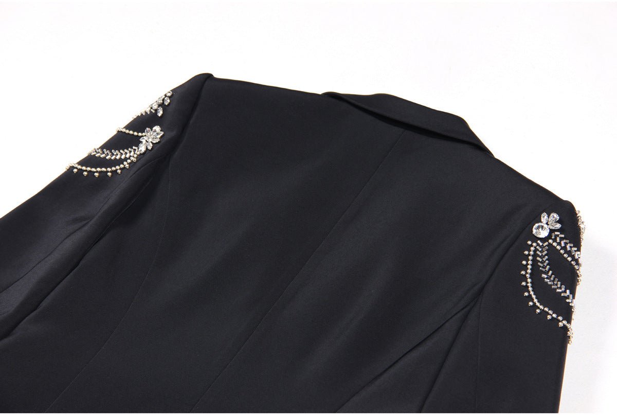 Black tailored silhouette blazer with crystal embellishments and silver accents