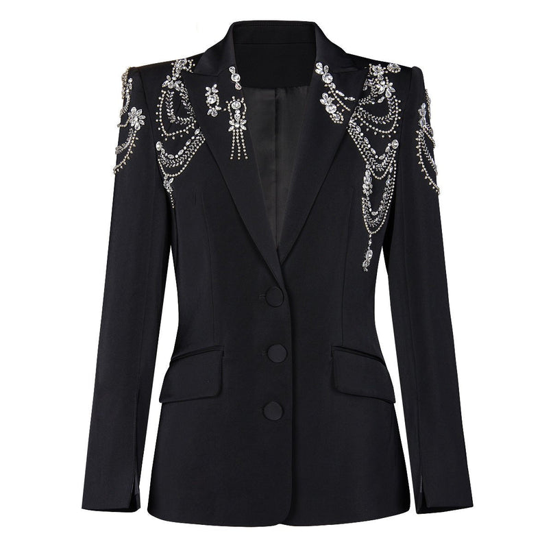 Black tailored silhouette blazer with crystal embellishments and silver accents