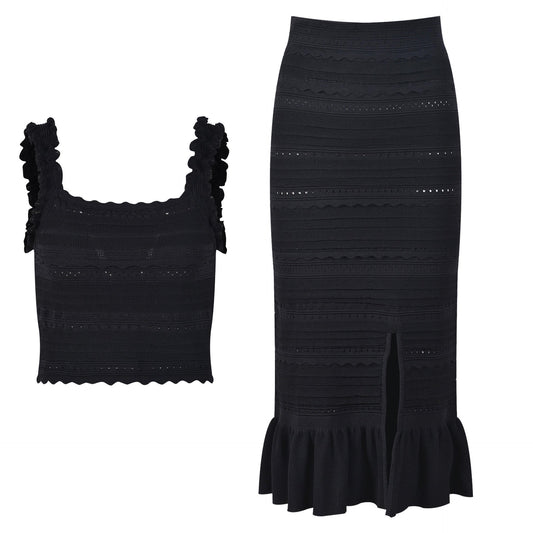 Black Textured Fitted Dress with Ruffled Details and Cut-out Slit