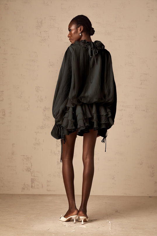 Black tiered mini dress with floral applique details named Zephyrine