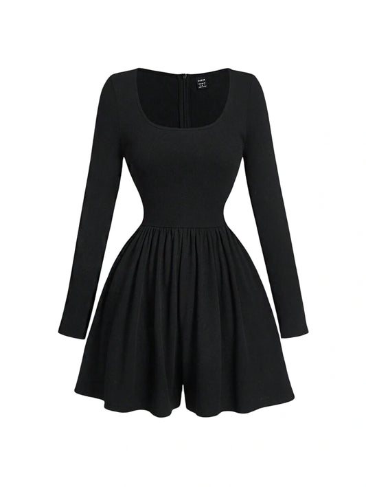 Black Turtleneck Long Sleeve Romper For Women Versatile JumpsuitDress Early Autumn Outfit Long