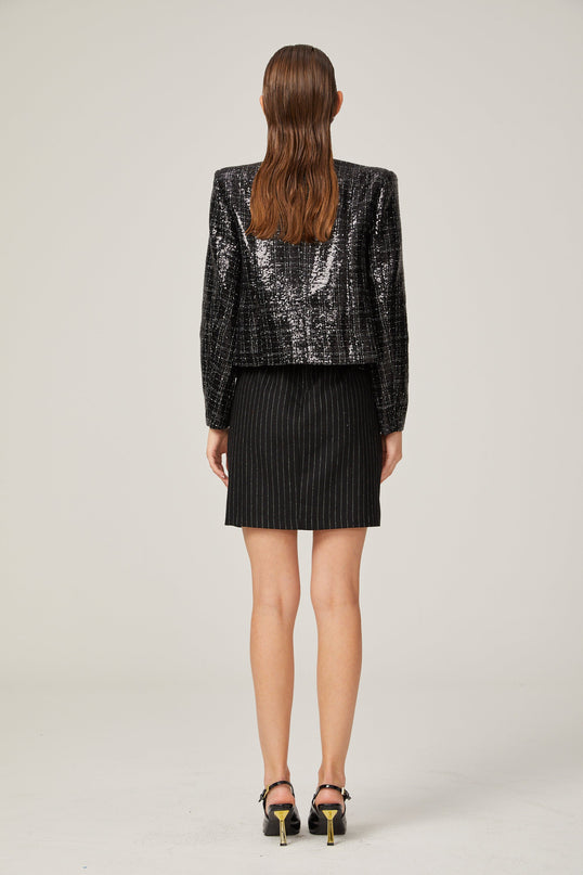 Black tweed blazer with silver detailing and jeweled buttons