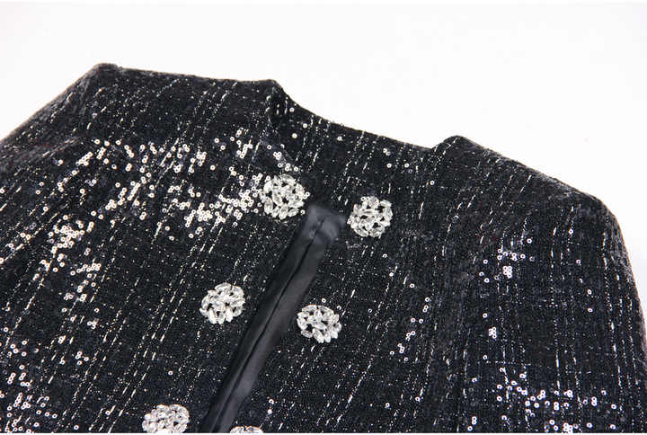 Black tweed blazer with silver detailing and jeweled buttons
