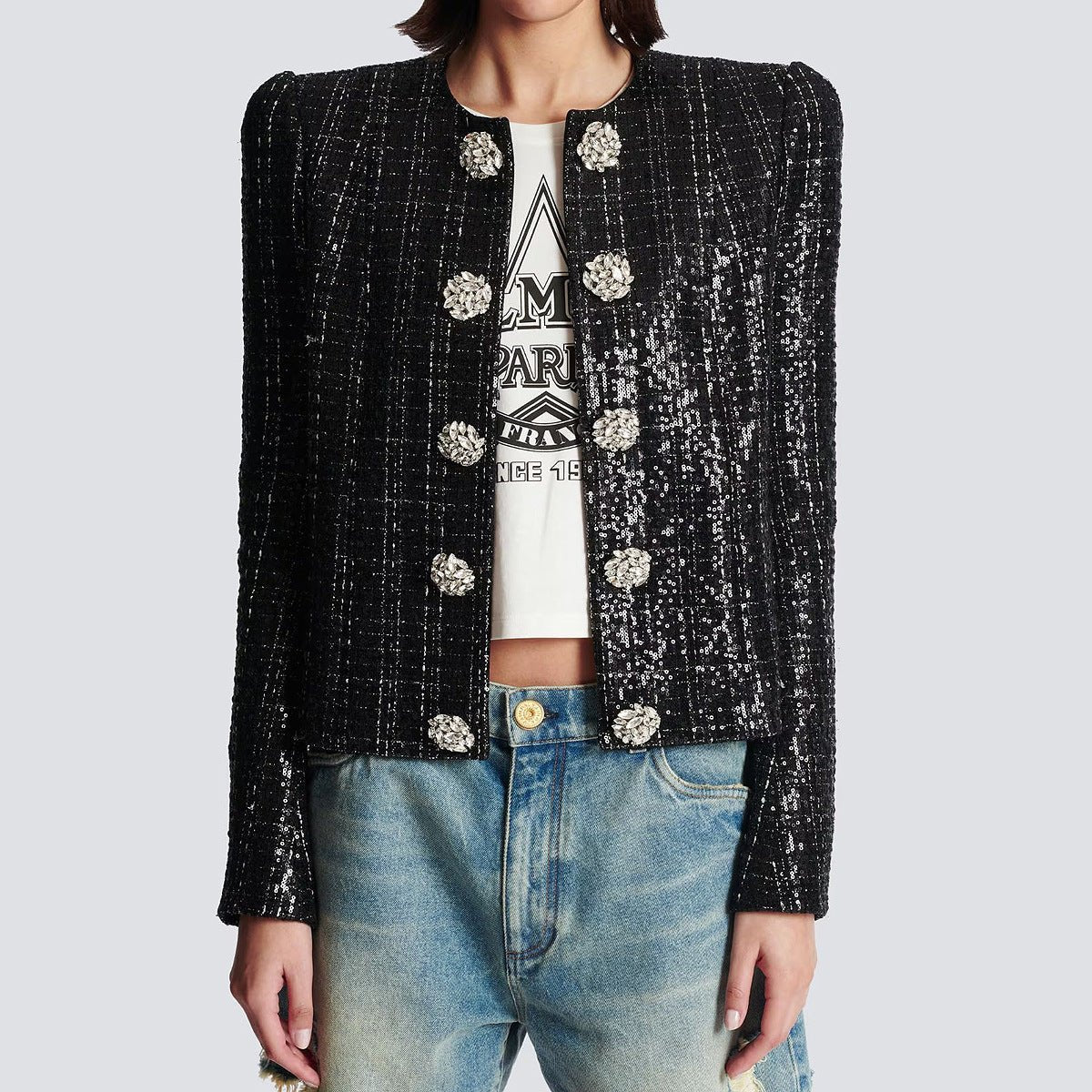 Black tweed blazer with silver detailing and jeweled buttons