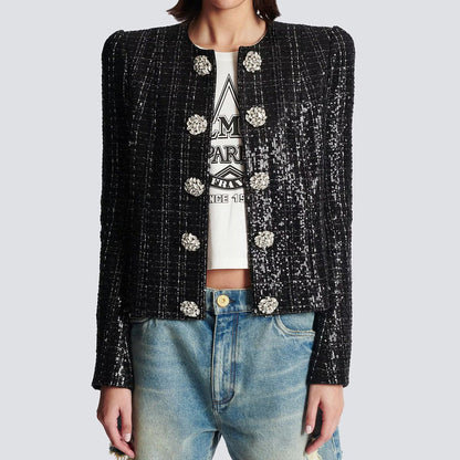 Black tweed blazer with silver detailing and jeweled buttons