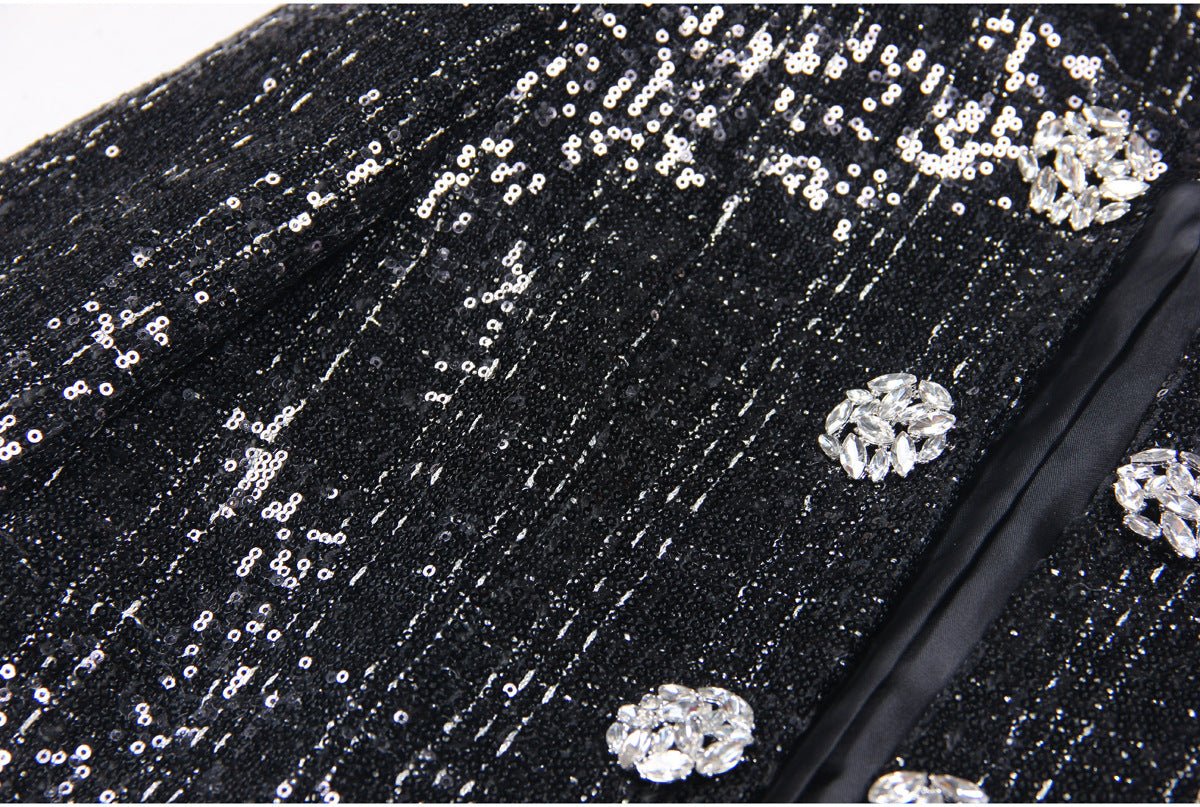 Black tweed blazer with silver detailing and jeweled buttons