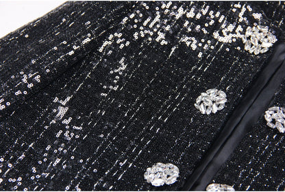 Black tweed blazer with silver detailing and jeweled buttons