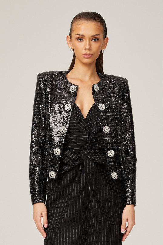 Black tweed jacket with silver detailing and jeweled buttons