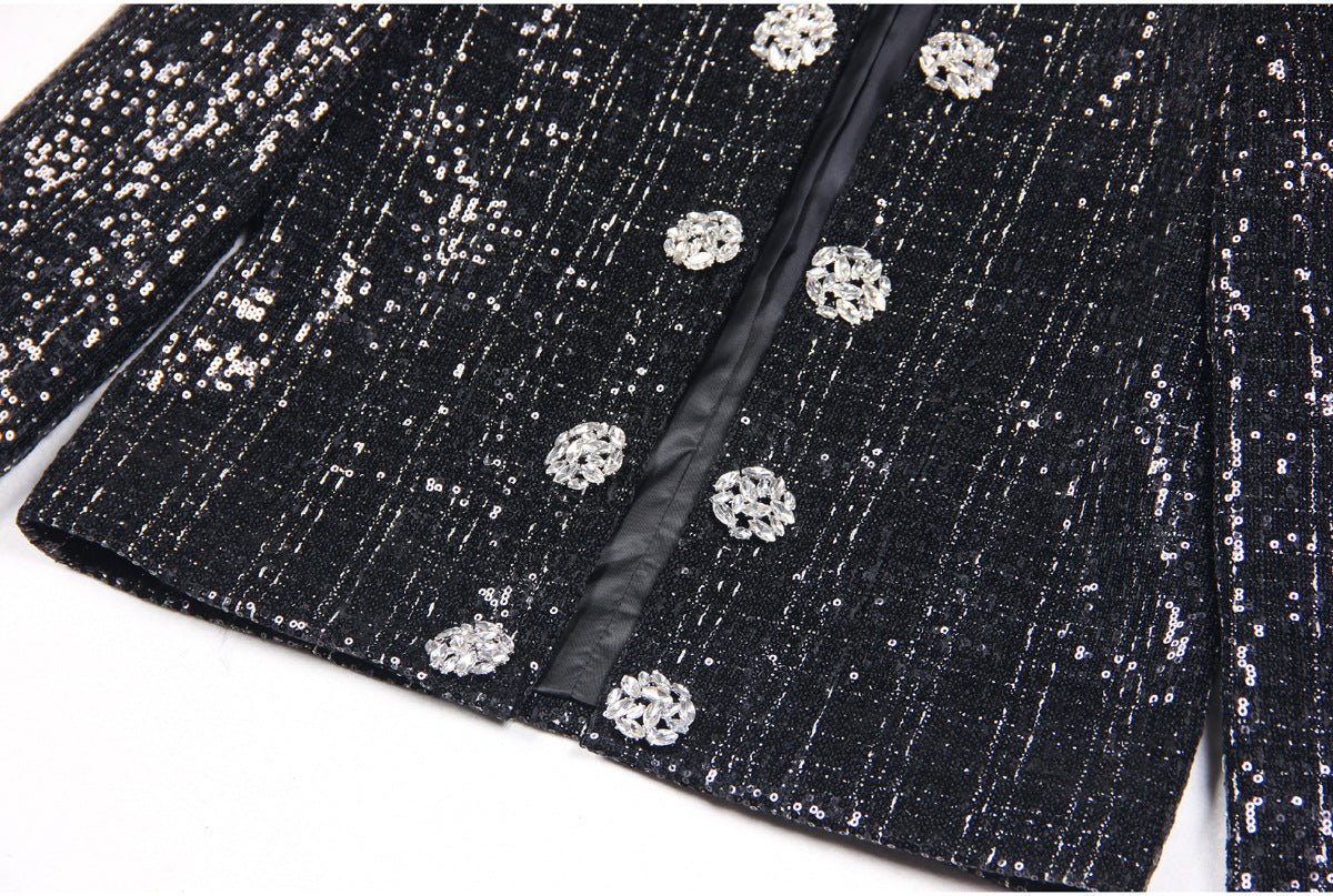 Black tweed jacket with silver detailing and jeweled buttons