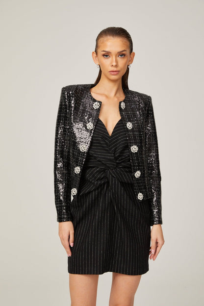 Black Tweed Structured Jacket with Silver Detailing