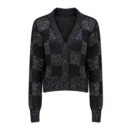 Elegant Black V-Neck Cardigan Sweater for Women with Plaid Knit Design and Sequin Embellishments