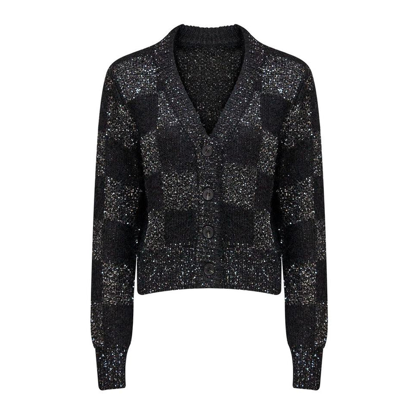Elegant Black V-Neck Cardigan Sweater for Women with Plaid Knit Design and Sequin Embellishments