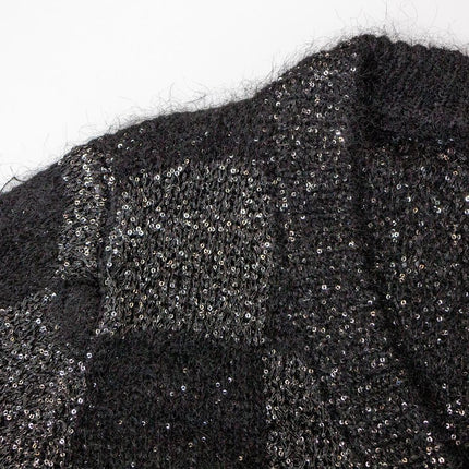 Black V-neck cardigan sweater for women with plaid knit design and sequin embellishments