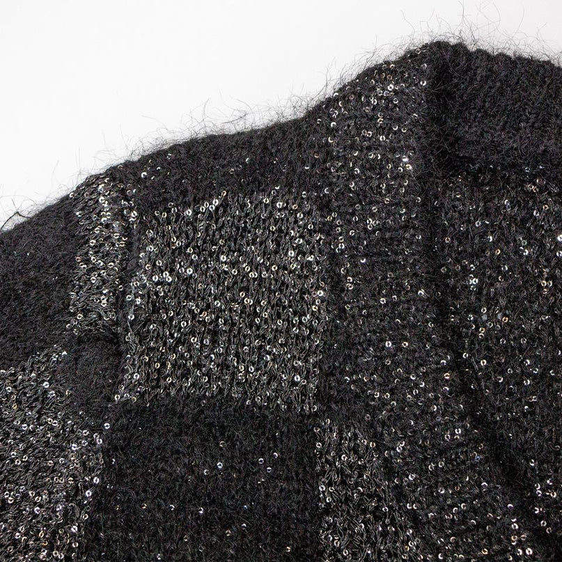 Black V-neck cardigan sweater for women with plaid knit design and sequin embellishments