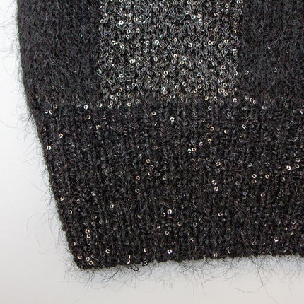 Black V-neck cardigan sweater for women with plaid knit design and sequin embellishments