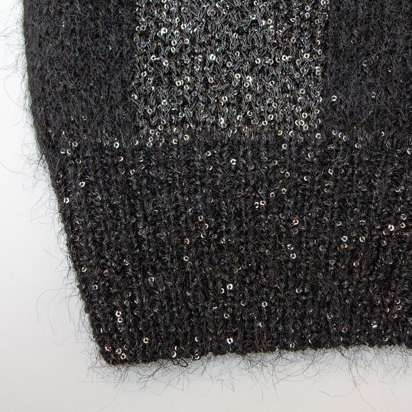 Black V-neck cardigan sweater for women with plaid knit design and sequin embellishments