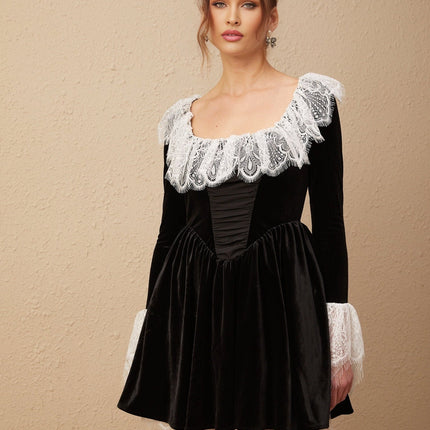 Black velvet mini dress with lace trim details called Fabiana