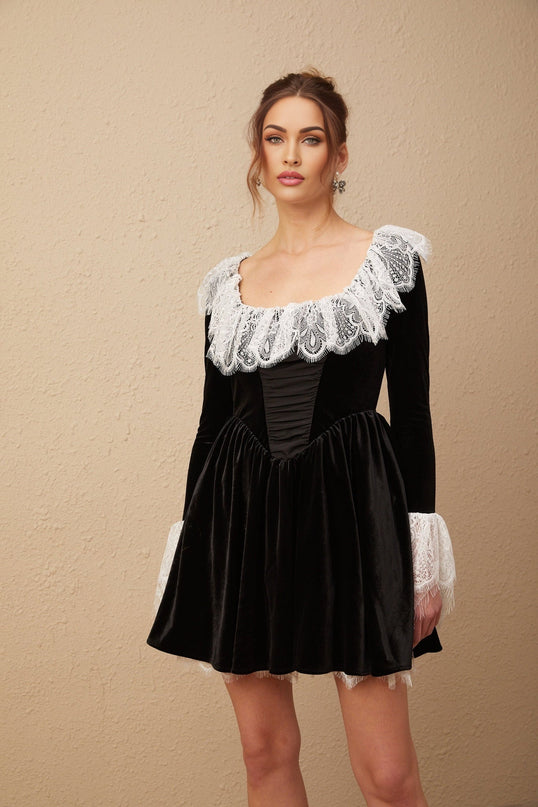 Black velvet mini dress with lace trim details called Fabiana
