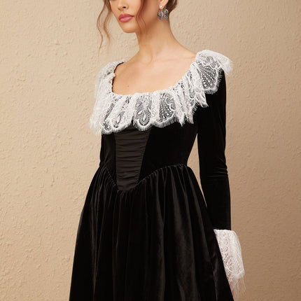 Black velvet mini dress with lace trim details