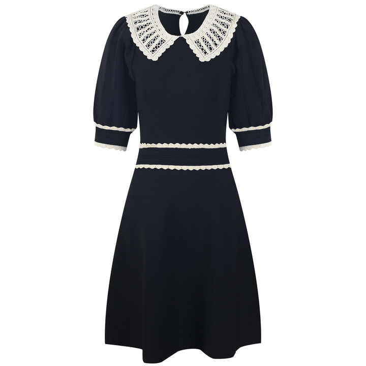 Black Vintage Lace Collar A-Line Dress with Puffed Sleeves
