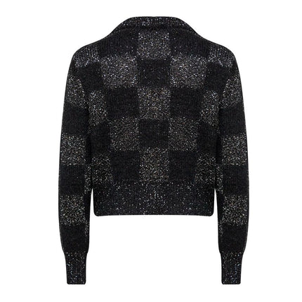 Black V-neck cardigan sweater for women with plaid knit design and sequin embellishments