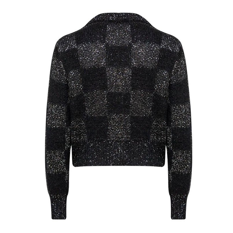 Black V-neck cardigan sweater for women with plaid knit design and sequin embellishments