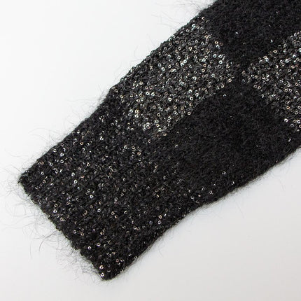 Black V-neck cardigan sweater for women with plaid knit design and sequin embellishments