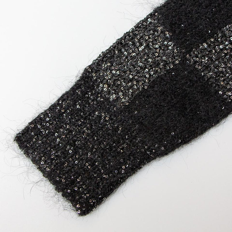 Black V-neck cardigan sweater for women with plaid knit design and sequin embellishments