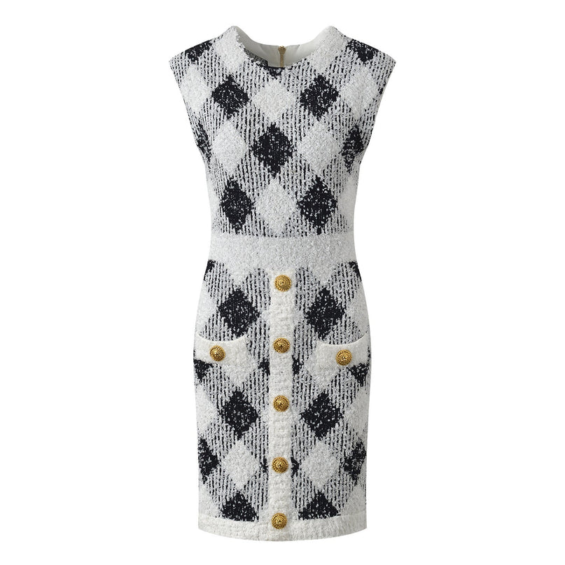 Black and White Argyle Pattern Bodycon Dress with Golden Button Accents