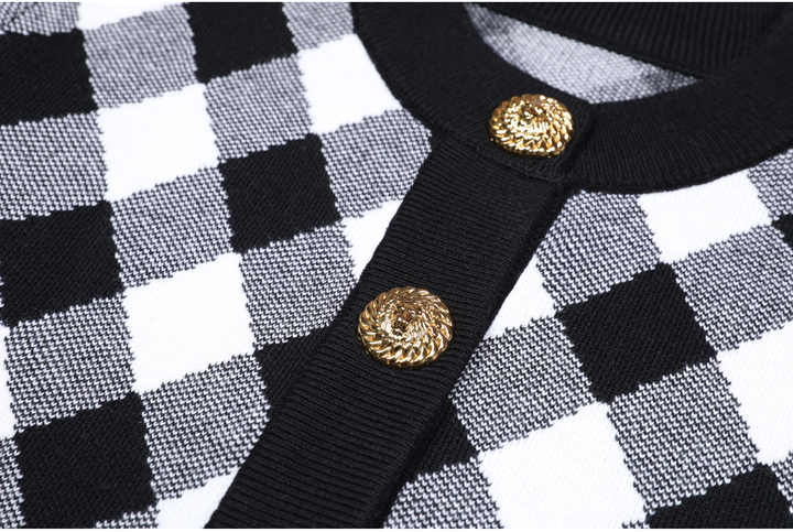 Black and white argyle cropped knit cardigan with golden buttons