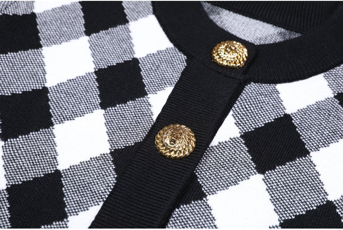 Black and white contrast cropped argyle knit cardigan with golden buttons