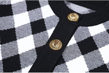 Black and white contrast cropped argyle knit cardigan with golden buttons