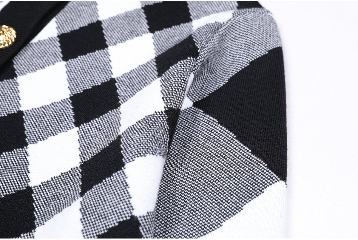 Black and white argyle pattern cropped knit cardigan with golden buttons