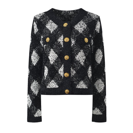 Black and white argyle cropped knit cardigan with gold-tone buttons