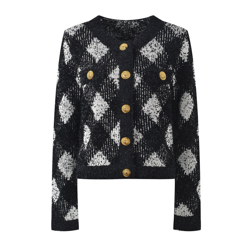Black and white argyle cropped knit cardigan with gold-tone buttons