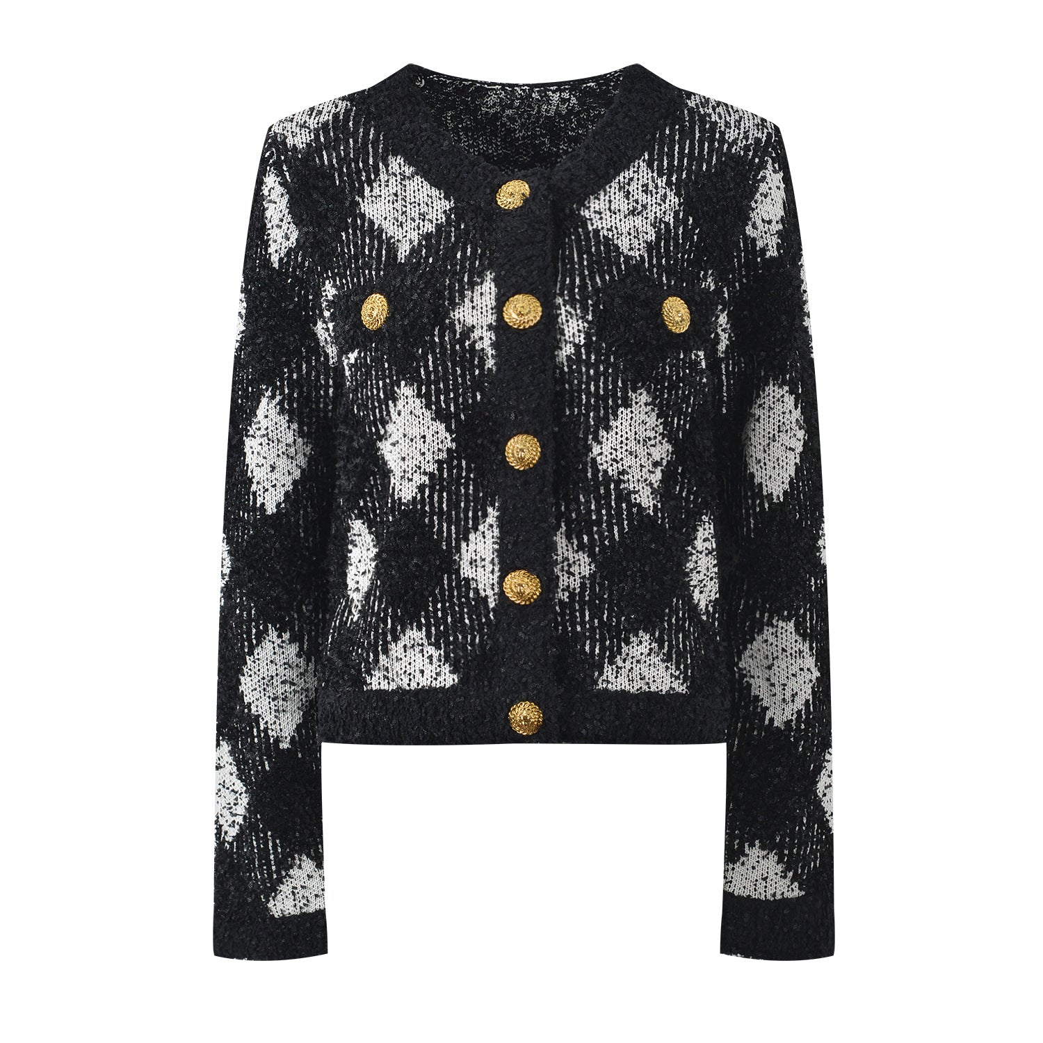 Black and white argyle cropped knit cardigan with gold-tone buttons