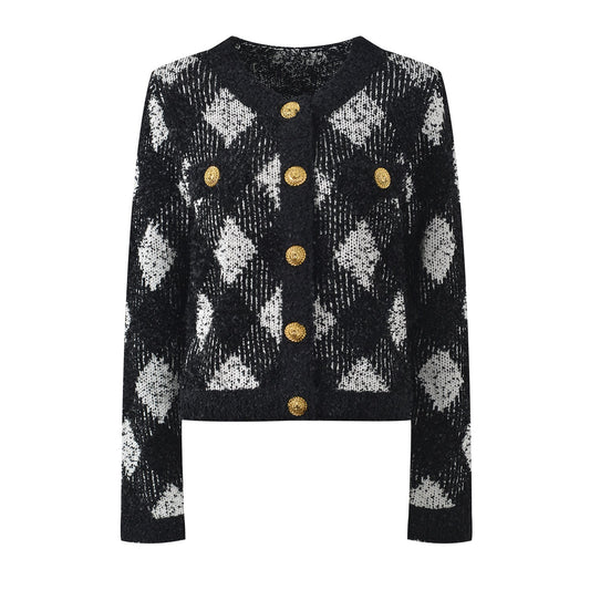 Black and white argyle cropped knit cardigan with gold-tone buttons