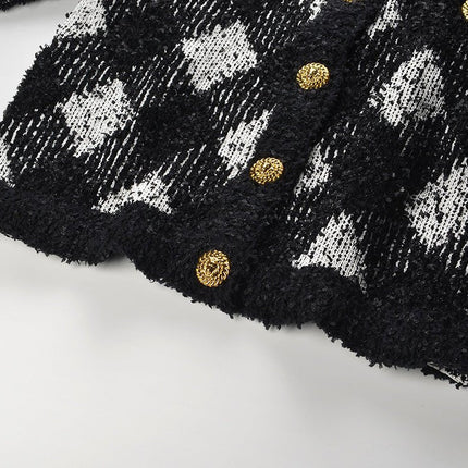 Black and white argyle knit cropped cardigan with gold-tone buttons