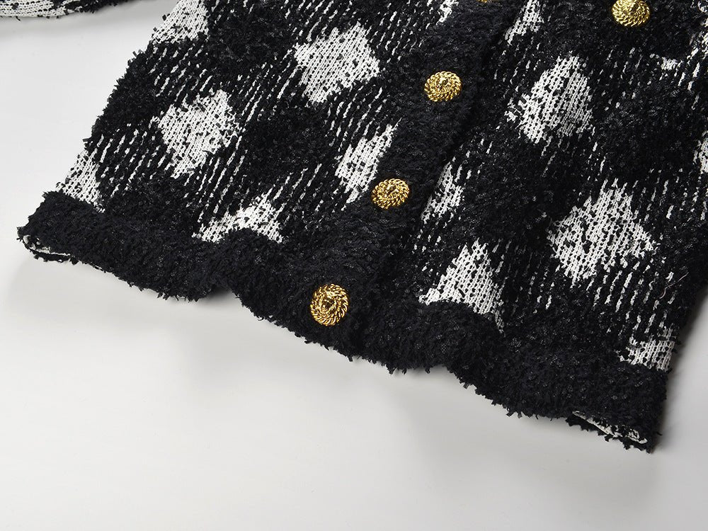 Black and white argyle knit cropped cardigan with gold-tone buttons