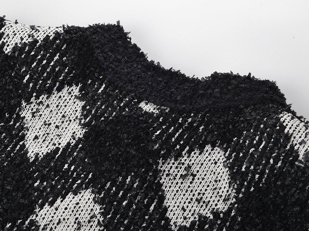 Black and white argyle knit cropped cardigan with gold-tone buttons